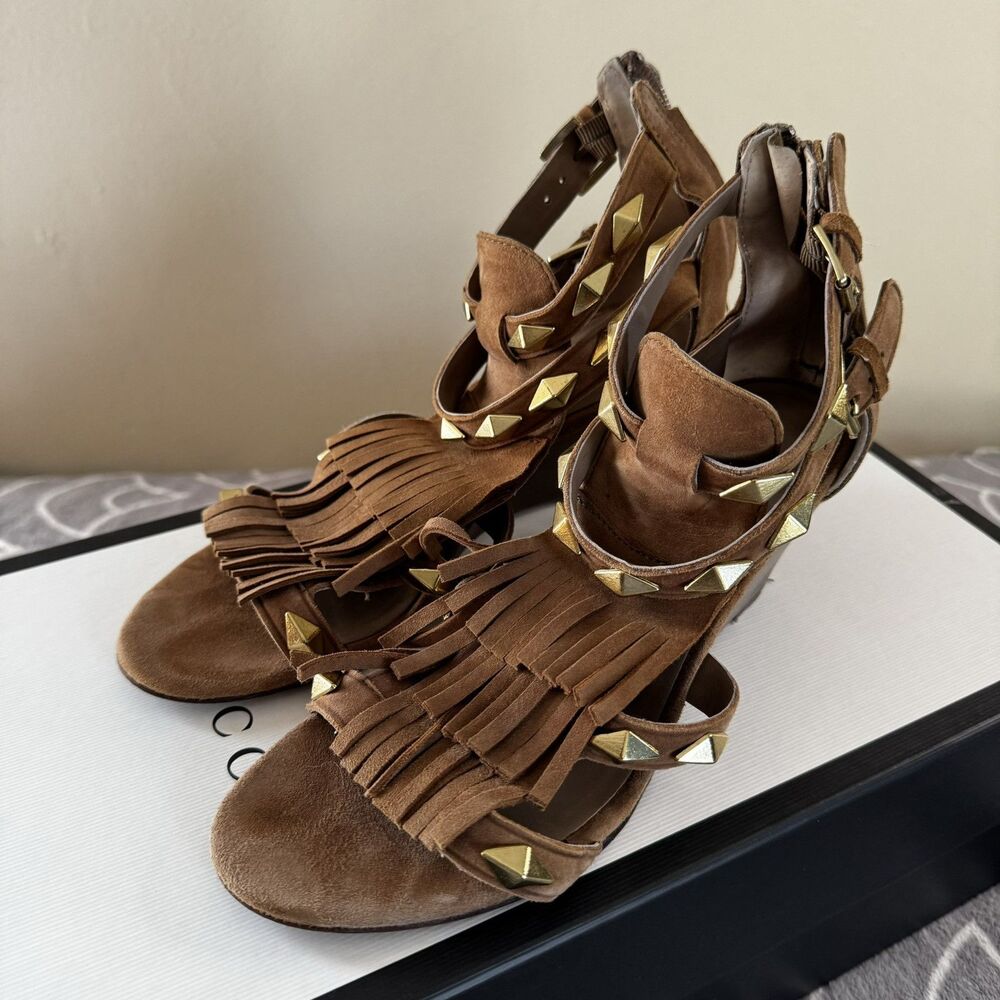 ASH Brown Suede Fringe Studded Leather Gladiator Studded Sandal Heels Sz 36 - Picture 2 of 16